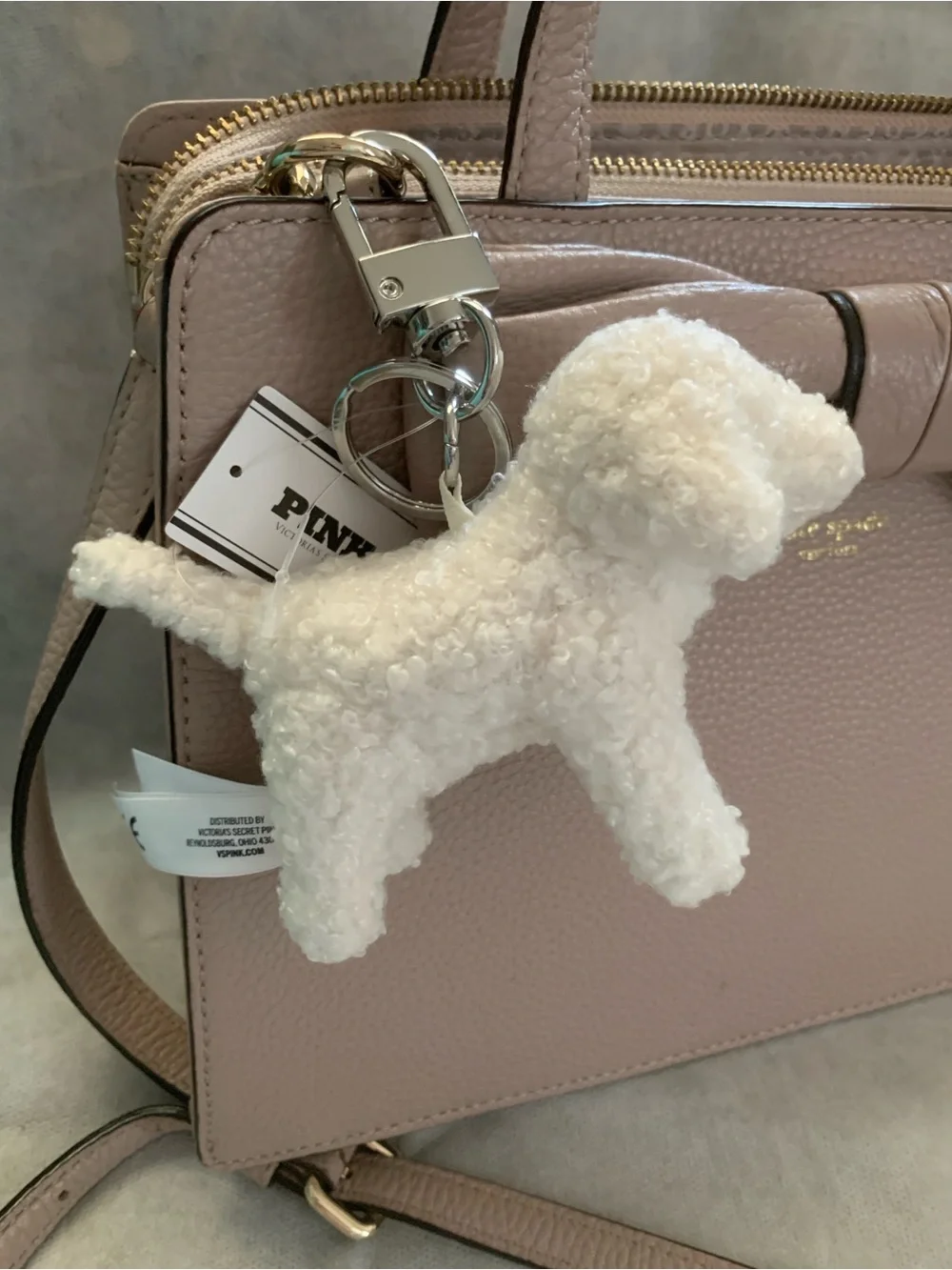 NWT Victoria's Secret PINK Micro Dog Keychain Charm Winter White Plush Teddy